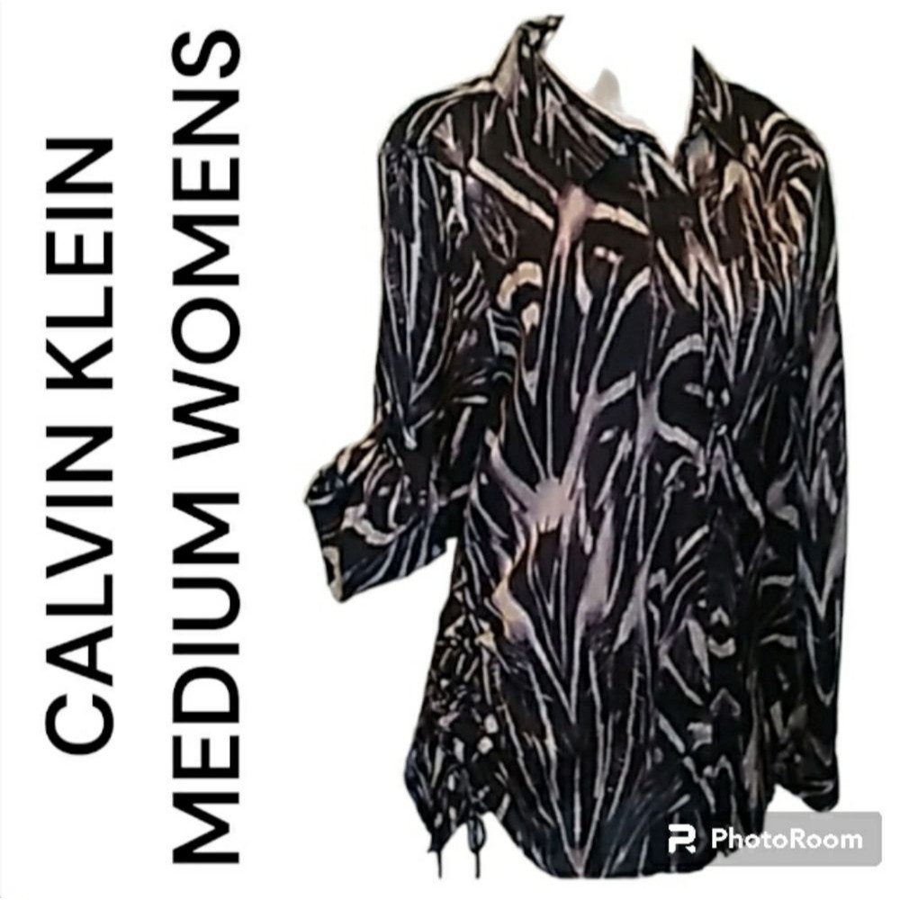 CALVIN KLEIN BLOUSE RUCHED SIDES PURPLE BLACK WHITES ANIMAL PRINT MEDIUM WOMEN M